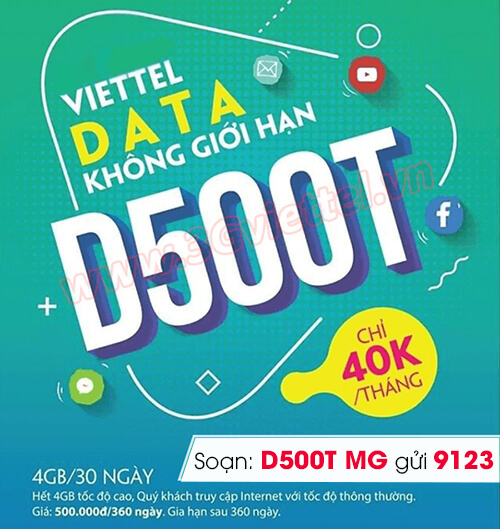 Gói D500T Viettel 48GB Data trong 12 tháng giá 500k