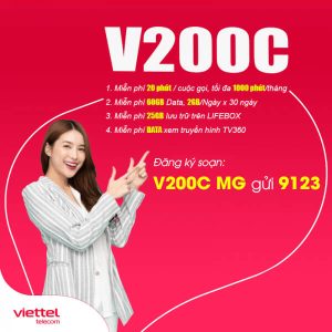 Gói V200C Viettel miễn phí 60GB + Gọi Nội Mạng Dưới 20 phút