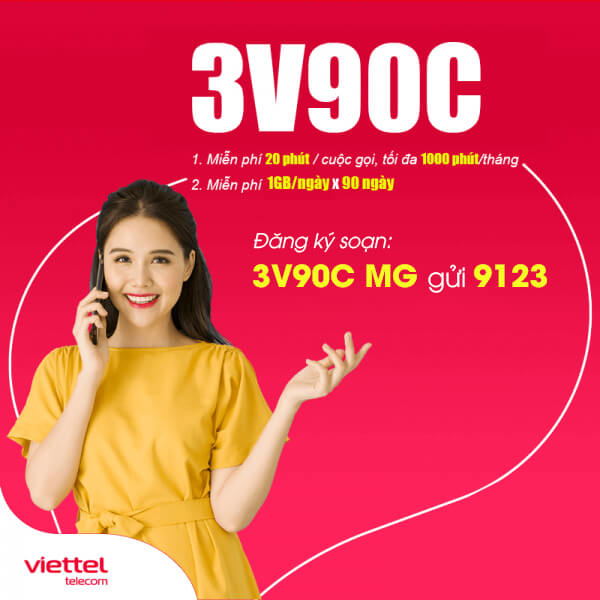 Gói 3V90C Viettel ưu đãi 90GB + Gọi nội mạng dưới 20 phút Free