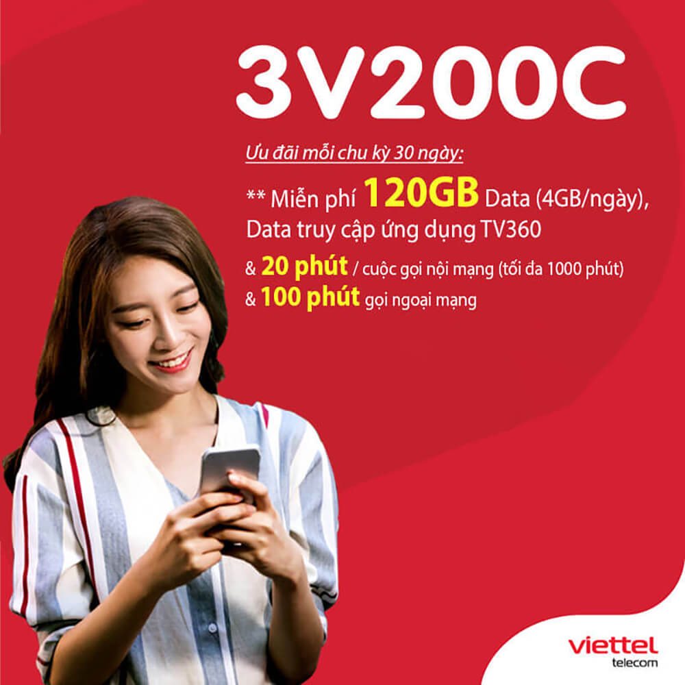 Gói 3V200C Viettel ưu đãi 360GB + Free gọi nội mạng dưới 20 phút