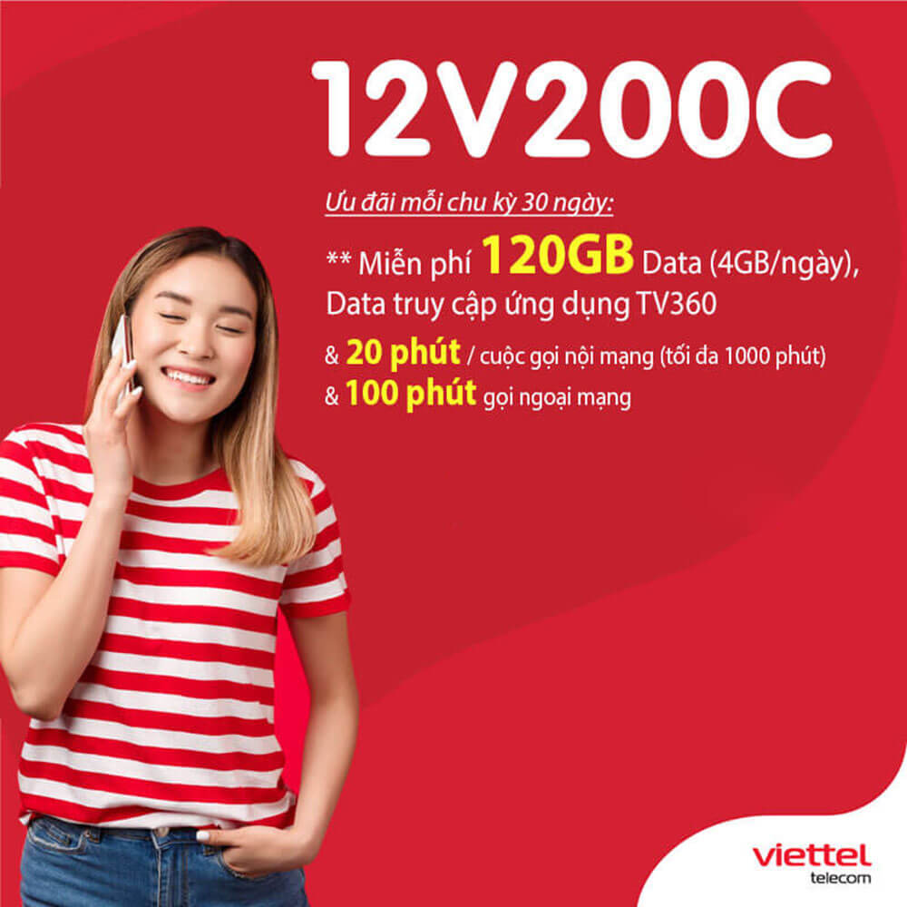 Gói 12V200C Viettel ưu đãi 1.440GB + Free gọi nội mạng dưới 20 phút