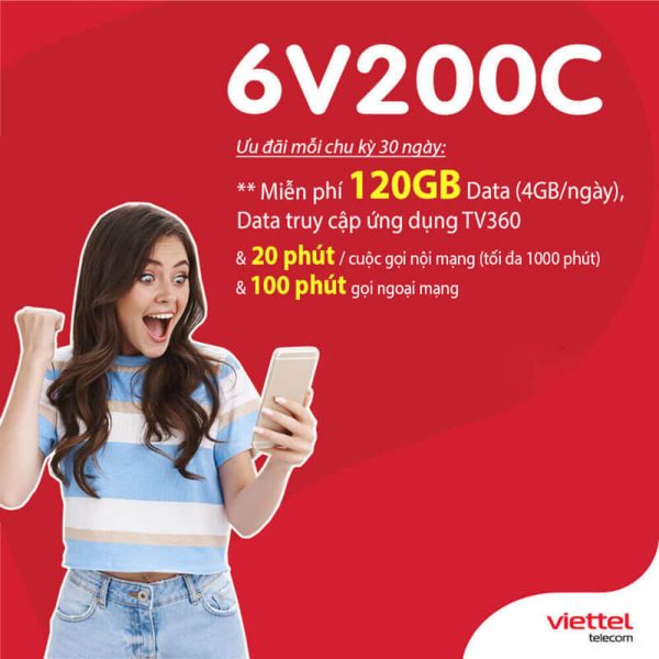 Gói 6V200C Viettel ưu đãi 720GB + Free gọi nội mạng dưới 20 phút