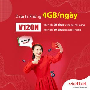 Gói V120N Viettel ưu đãi 120GB + Free gọi nội mạng dưới 20 phút