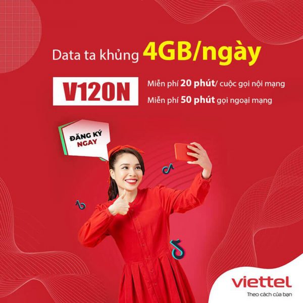 Gói V120N Viettel ưu đãi 120GB + Free gọi nội mạng dưới 20 phút